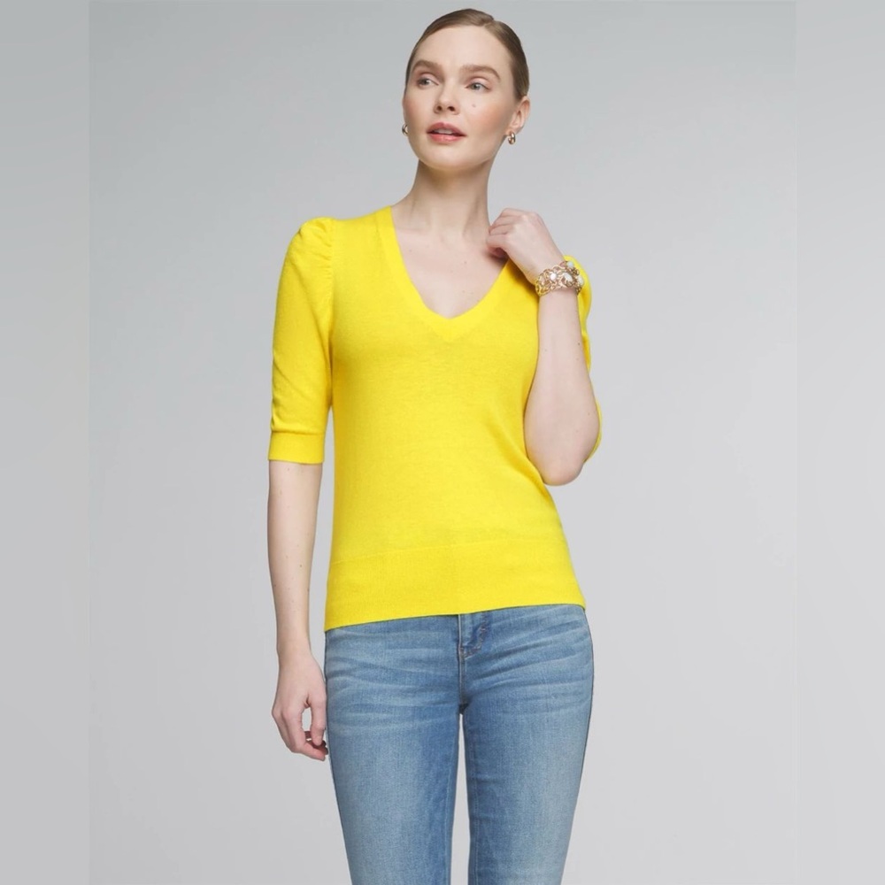 NWT WhiteHouse BlackMarket Sunny V-Neck Cashmere Blend Puff Sleeve Sweater Small